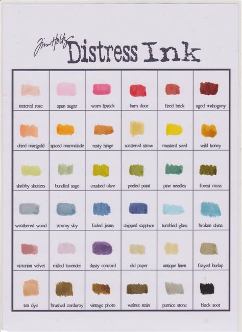 Printable Tim Holtz Distress Ink Color Chart